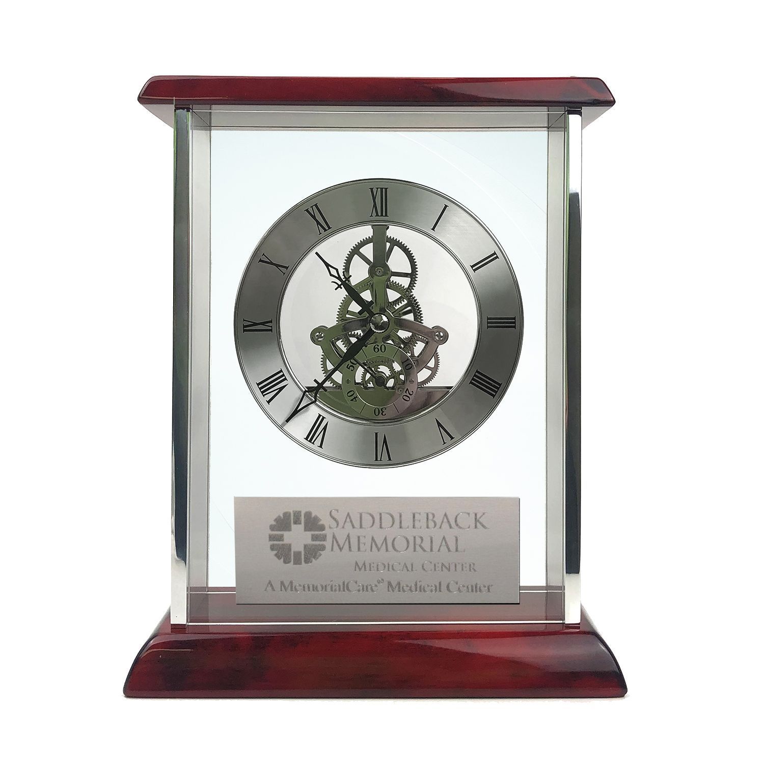 The Tower Award and Clock Combination Made of Glass & Wood - 7.25" W x 9.0" H x 2.875" D
